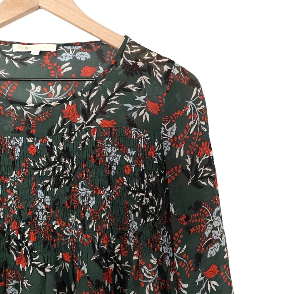 Maje Paris Lo Fleur Crepe Georgette Top Green Floral Sheer Smocked Blouse - Picture 3 of 10